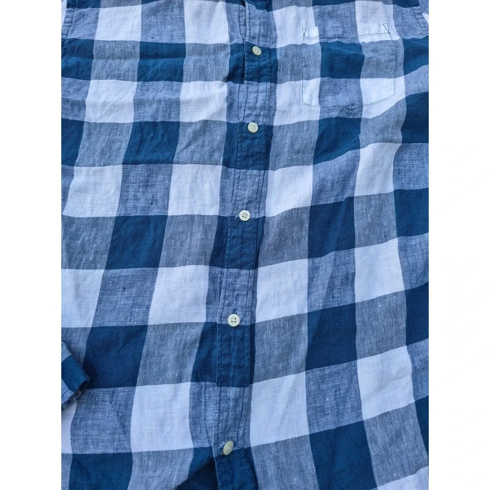 Banana Republic Mens Camden Fit 100% Linen Blue White Buffalo Check Shirt L Tall